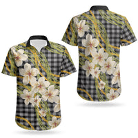 Ele'ele Hawai'i Palaka Plumeria Couples Matching Off The Shoulder Long Sleeve Dress and Hawaiian Shirt Puakenikeni and Maile Lei