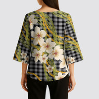Ele'ele Hawai'i Palaka Plumeria Kimono Sleeve Blouse Puakenikeni and Maile Lei