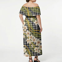 Ele'ele Hawai'i Palaka Plumeria Off Shoulder Maxi Dress Puakenikeni and Maile Lei
