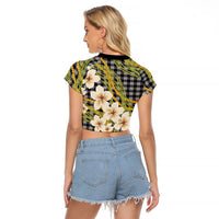 Ele'ele Hawai'i Palaka Plumeria Raglan Cropped T Shirt Puakenikeni and Maile Lei