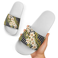 Ele'ele Hawai'i Palaka Plumeria Slide Sandals Puakenikeni and Maile Lei