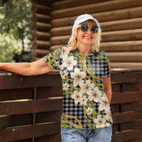Ele'ele Hawai'i Palaka Plumeria Women Polo Shirt Puakenikeni and Maile Lei