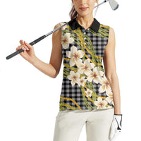 Ele'ele Hawai'i Palaka Plumeria Women Sleeveless Polo Shirt Puakenikeni and Maile Lei