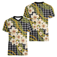 Ele'ele Hawai'i Palaka Plumeria Women V-Neck T-Shirt Puakenikeni and Maile Lei