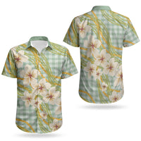 Liko Kukui Hawai'i Palaka Plumeria Couples Matching Off Shoulder Maxi Dress and Hawaiian Shirt Puakenikeni and Maile Lei