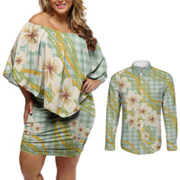 Liko Kukui Hawai'i Palaka Plumeria Couples Matching Off Shoulder Short Dress and Long Sleeve Button Shirt Puakenikeni and Maile Lei