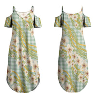 Liko Kukui Hawai'i Palaka Plumeria Couples Matching Summer Maxi Dress and Hawaiian Shirt Puakenikeni and Maile Lei