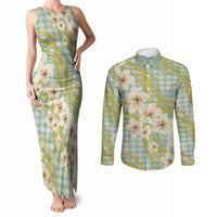 Liko Kukui Hawai'i Palaka Plumeria Couples Matching Tank Maxi Dress and Long Sleeve Button Shirt Puakenikeni and Maile Lei