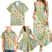Liko Kukui Hawai'i Palaka Plumeria Family Matching Summer Maxi Dress and Hawaiian Shirt Puakenikeni and Maile Lei