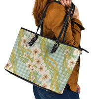 Liko Kukui Hawai'i Palaka Plumeria Leather Tote Bag Puakenikeni and Maile Lei
