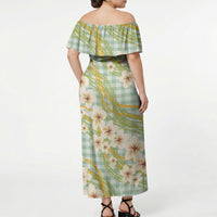 Liko Kukui Hawai'i Palaka Plumeria Off Shoulder Maxi Dress Puakenikeni and Maile Lei