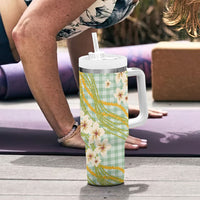 Liko Kukui Hawai'i Palaka Plumeria Tumbler With Handle Puakenikeni and Maile Lei