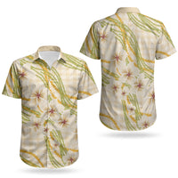 Melemele Ahiahia Hawai'i Palaka Plumeria Couples Matching Mermaid Dress and Hawaiian Shirt Puakenikeni and Maile Lei