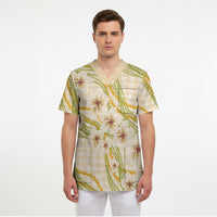 Melemele Ahiahia Hawai'i Palaka Plumeria Scrub Top Puakenikeni and Maile Lei