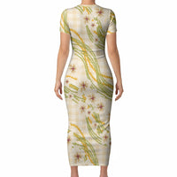 Melemele Ahiahia Hawai'i Palaka Plumeria Short Sleeve Bodycon Dress Puakenikeni and Maile Lei