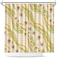 Melemele Ahiahia Hawai'i Palaka Plumeria Shower Curtain Puakenikeni and Maile Lei