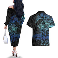 Floral Polynesian Hibiscus Tattoo Couples Matching Off The Shoulder Long Sleeve Dress and Hawaiian Shirt Blue Gradient Style
