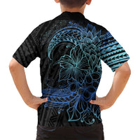 Floral Polynesian Hibiscus Tattoo Family Matching Long Sleeve Bodycon Dress and Hawaiian Shirt Blue Gradient Style LT9 - Polynesian Pride