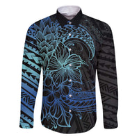 Floral Polynesian Hibiscus Tattoo Family Matching Off The Shoulder Long Sleeve Dress and Hawaiian Shirt Blue Gradient Style LT9 Dad's Shirt - Long Sleeve Blue - Polynesian Pride