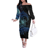 Floral Polynesian Hibiscus Tattoo Family Matching Off The Shoulder Long Sleeve Dress and Hawaiian Shirt Blue Gradient Style LT9 Mom's Dress Blue - Polynesian Pride