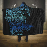 Floral Polynesian Hibiscus Tattoo Hooded Blanket Blue Gradient Style