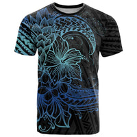 Floral Polynesian Hibiscus Tattoo T Shirt Blue Gradient Style