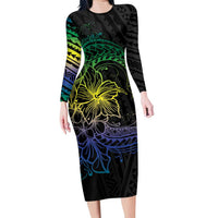 Floral Polynesian Hibiscus Tattoo Family Matching Long Sleeve Bodycon Dress and Hawaiian Shirt Green Gradient Style LT9 Mom's Dress Green - Polynesian Pride