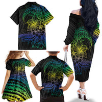 Floral Polynesian Hibiscus Tattoo Family Matching Off The Shoulder Long Sleeve Dress and Hawaiian Shirt Green Gradient Style LT9 - Polynesian Pride