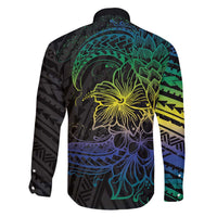 Floral Polynesian Hibiscus Tattoo Family Matching Off The Shoulder Long Sleeve Dress and Hawaiian Shirt Green Gradient Style LT9 - Polynesian Pride