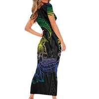 Floral Polynesian Hibiscus Tattoo Family Matching Short Sleeve Bodycon Dress and Hawaiian Shirt Green Gradient Style LT9 - Polynesian Pride