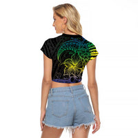 Floral Polynesian Hibiscus Tattoo Raglan Cropped T Shirt Green Gradient Style