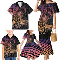 Floral Polynesian Hibiscus Tattoo Family Matching Mermaid Dress and Hawaiian Shirt Peach Gradient Style LT9 - Polynesian Pride