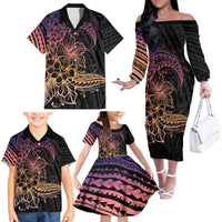 Floral Polynesian Hibiscus Tattoo Family Matching Off The Shoulder Long Sleeve Dress and Hawaiian Shirt Peach Gradient Style LT9 - Polynesian Pride