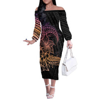 Floral Polynesian Hibiscus Tattoo Family Matching Off The Shoulder Long Sleeve Dress and Hawaiian Shirt Peach Gradient Style LT9 Mom's Dress Peach - Polynesian Pride