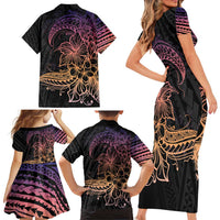 Floral Polynesian Hibiscus Tattoo Family Matching Short Sleeve Bodycon Dress and Hawaiian Shirt Peach Gradient Style LT9 - Polynesian Pride