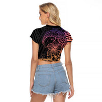 Floral Polynesian Hibiscus Tattoo Raglan Cropped T Shirt Peach Gradient Style
