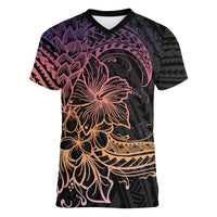Floral Polynesian Hibiscus Tattoo Women V-Neck T-Shirt Peach Gradient Style