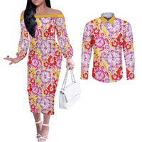 Palaka with Honu and Hibiscus Couples Matching Off The Shoulder Long Sleeve Dress and Long Sleeve Button Shirt Hawaiian Heritage Spirit LT9 Red - Polynesian Pride