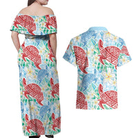 Palaka with Honu and Plumeria Couples Matching Off Shoulder Maxi Dress and Hawaiian Shirt Hawaiian Heritage Spirit LT9 - Polynesian Pride