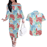 Palaka with Honu and Plumeria Couples Matching Off The Shoulder Long Sleeve Dress and Hawaiian Shirt Hawaiian Heritage Spirit LT9 Blue - Polynesian Pride