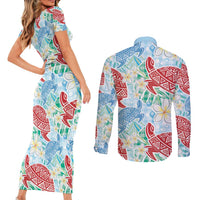 Palaka with Honu and Plumeria Couples Matching Short Sleeve Bodycon Dress and Long Sleeve Button Shirt Hawaiian Heritage Spirit LT9 - Polynesian Pride