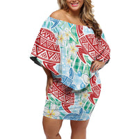 Palaka with Honu and Plumeria Family Matching Off Shoulder Short Dress and Hawaiian Shirt Hawaiian Heritage Spirit LT9 Mom's Dress Blue - Polynesian Pride