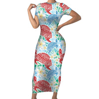 Palaka with Honu and Plumeria Family Matching Short Sleeve Bodycon Dress and Hawaiian Shirt Hawaiian Heritage Spirit LT9 Mom's Dress Blue - Polynesian Pride