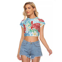 Palaka with Honu and Plumeria Raglan Cropped T Shirt Hawaiian Heritage Spirit - Polynesian Pride