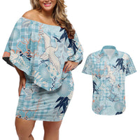 Blue Palaka Crane and Flowers Couples Matching Off Shoulder Short Dress and Hawaiian Shirt Japan Heritage Spirit LT9 Blue - Polynesian Pride