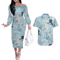 Blue Palaka Crane and Flowers Couples Matching Off The Shoulder Long Sleeve Dress and Hawaiian Shirt Japan Heritage Spirit LT9 Blue - Polynesian Pride