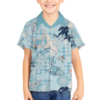 Blue Palaka Crane and Flowers Family Matching Off The Shoulder Long Sleeve Dress and Hawaiian Shirt Japan Heritage Spirit LT9 Son's Shirt Blue - Polynesian Pride