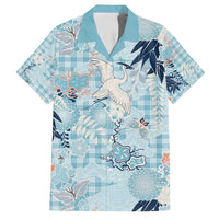 Blue Palaka Crane and Flowers Family Matching Off Shoulder Short Dress and Hawaiian Shirt Japan Heritage Spirit LT9 Dad's Shirt - Short Sleeve Blue - Polynesian Pride