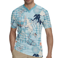 Blue Palaka Crane and Flowers Rugby Jersey Japan Heritage Spirit LT9 - Polynesian Pride