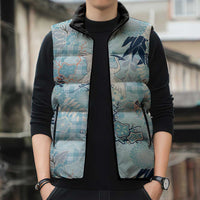 Blue Palaka Crane and Flowers Sleeveless Puffer Jacket Japan Heritage Spirit - Polynesian Pride